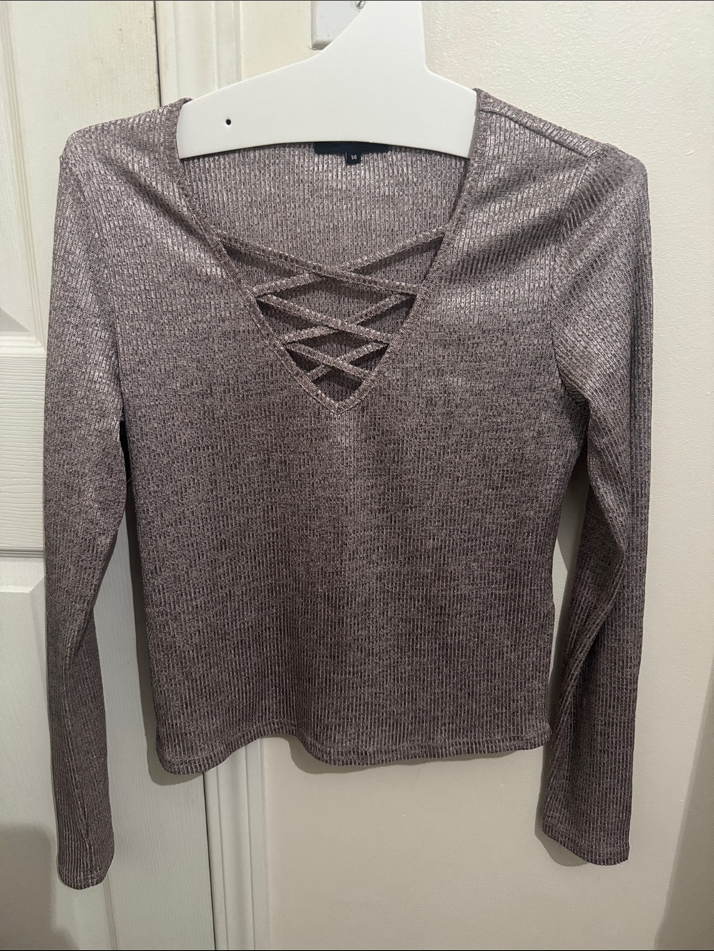 New Look Heathered Crisscross Long Sleeve Top - Gray/Purple